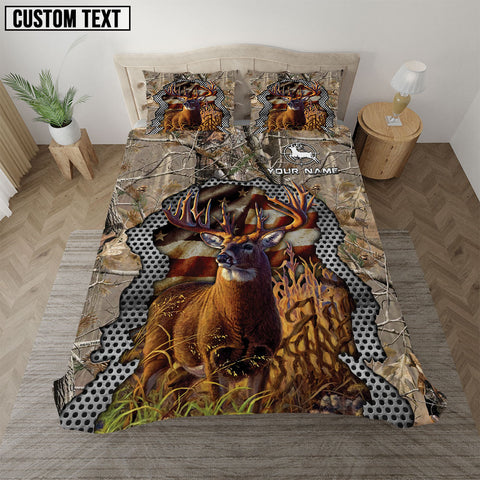 Maxcorners Deer Hunter American Flag Grass Brown Camo Personalized Name Bedding Set 3D All Over Printed