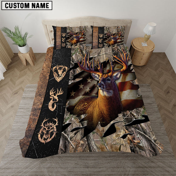Maxcorners Rustic Deer Hunting Camo Grass Brown American Pride Bedding Set 3D All Over Printed