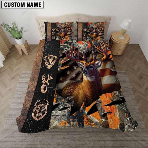 Maxcorners Rustic Deer Hunting Camo Orange American Pride Bedding Set 3D All Over Printed