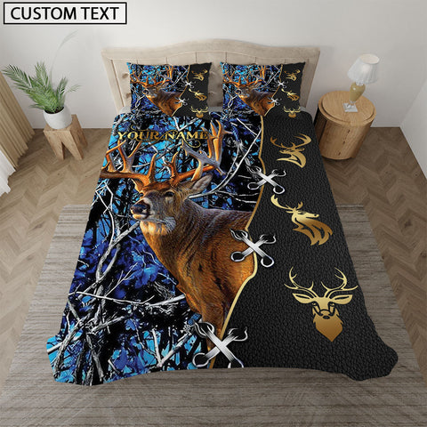 Maxcorners Blue Deer Hunter Forest Pattern Personalized Name Bedding Set 3D All Over Printed