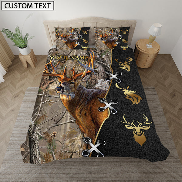 Maxcorners Grass Brown Deer Hunter Forest Pattern Personalized Name Bedding Set 3D All Over Printed