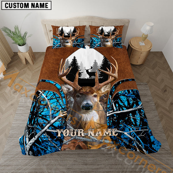 Maxcorners Deer Hunter Blue Leather Camo Personalized Name Bedding Set 3D Printed