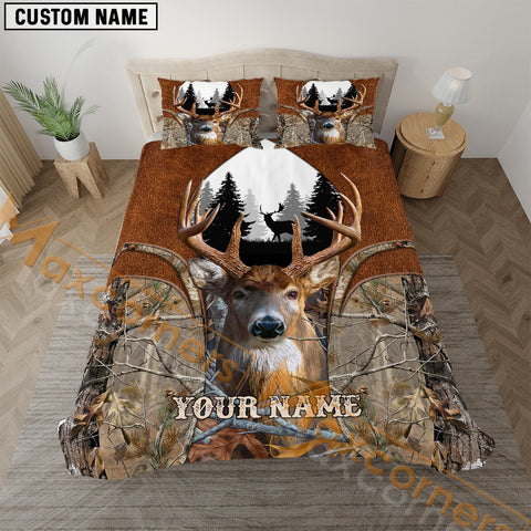 Maxcorners Deer Hunter Grass Brown Leather Camo Personalized Name Bedding Set 3D Printed