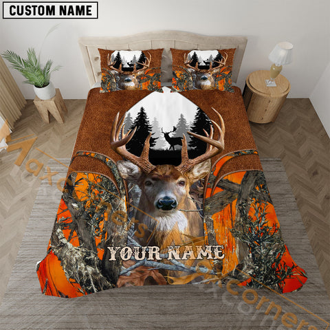 Maxcorners Deer Hunter Orange Leather Camo Personalized Name Bedding Set 3D Printed