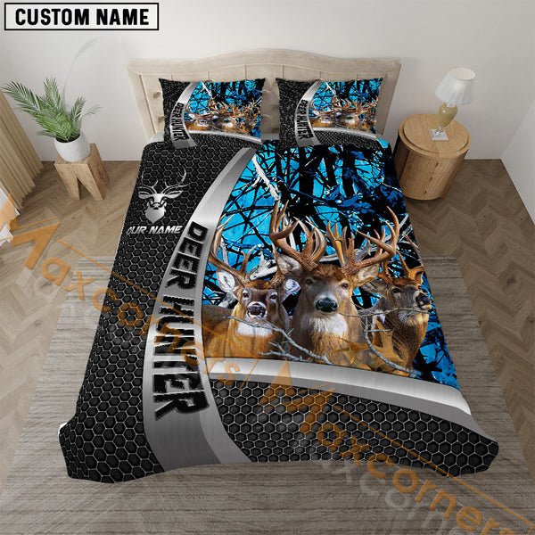 Maxcorners Deer Hunter Blue Forest Camo Personalized Name Bedding Set 3D Printed