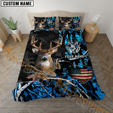 Maxcorners Deer Hunting American Flag Blue Camo Personalized Name Bedding Set 3D All Over Printed