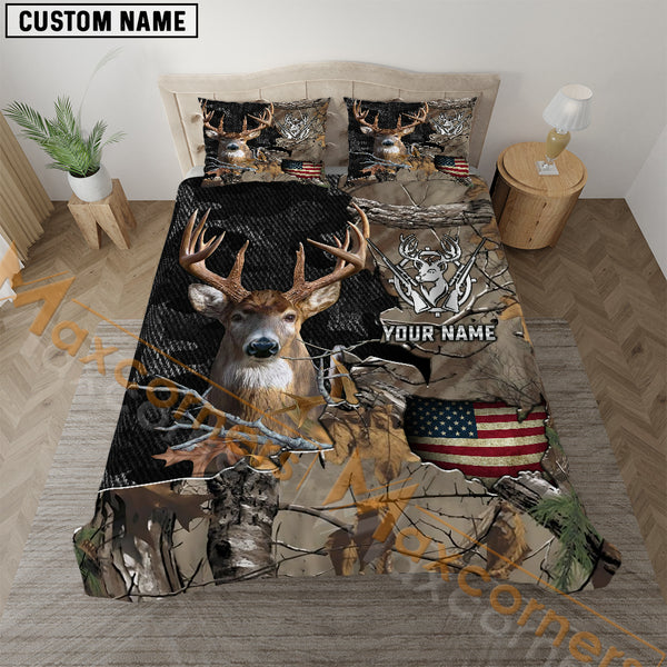 Maxcorners Deer Hunting American Flag Brown Camo Personalized Name Bedding Set 3D All Over Printed