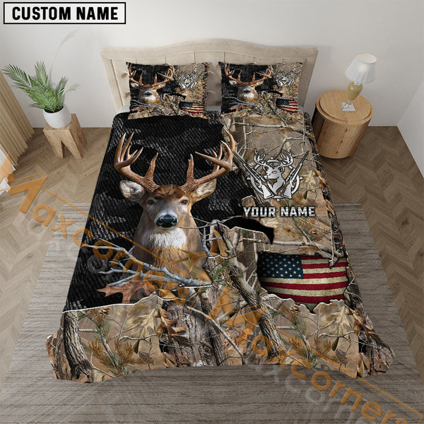 Maxcorners Deer Hunting American Flag Grass Brown Camo Personalized Name Bedding Set 3D All Over Printed