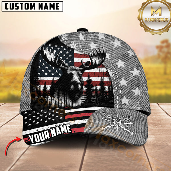 Maxcorners American Flag Deer Hunter Gray Pattern Personalized Name 3D Cap