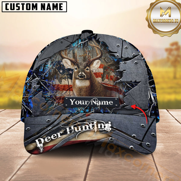 Maxcorners Deer Hunting Camo Metal Tear American Flag Multicolor Options Personalized Name 3D Cap