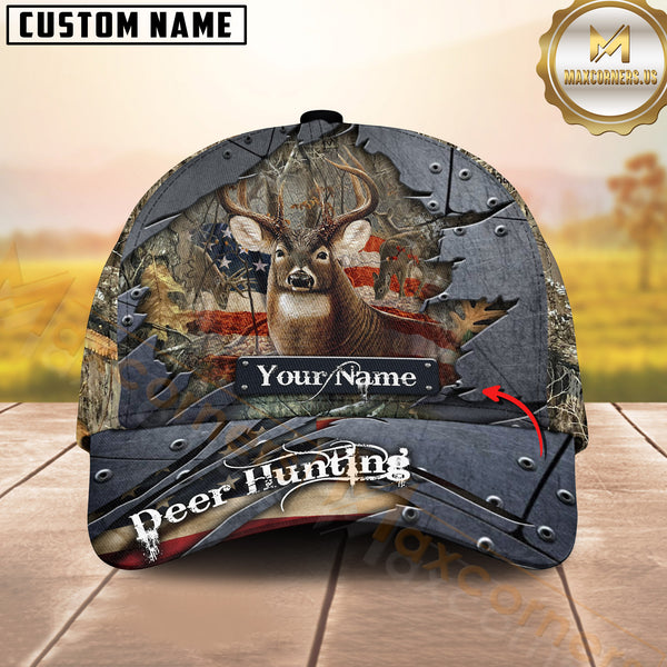 Maxcorners Deer Hunting Camo Metal Tear American Flag Multicolor Options Personalized Name 3D Cap