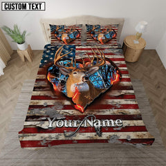 Maxcorners Buck Deer American Flag Rustic Burning Heart Cut-Out Personalized Name Bedding Set 3D All Over Printed