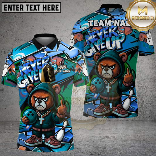 Maxcorners Bowling Bear Never Give Up Graffiti Multicolor Options Personalized Name, Team Name 3D Shirt (4 Colors)