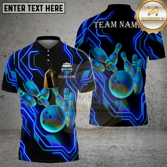 Maxcorners Bowling Neon Glow Pins & Ball Multicolor Options Personalized Name, Team Name 3D Shirt (4 Colors)