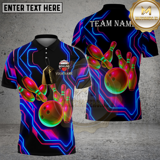 Maxcorners Bowling Neon Glow Pins & Ball Multicolor Options Personalized Name, Team Name 3D Shirt (4 Colors)