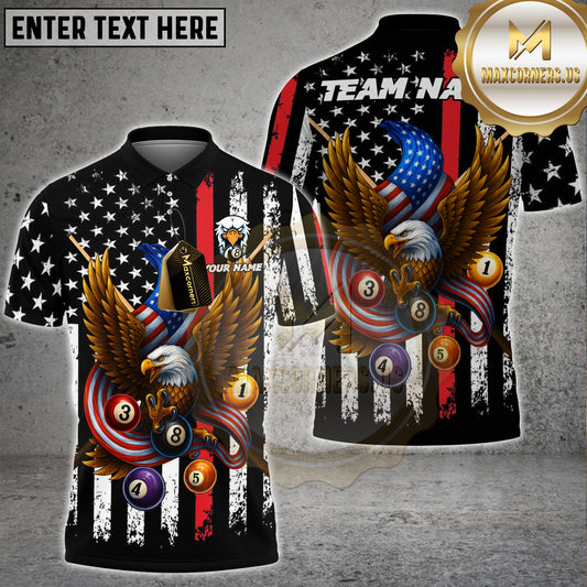Maxcorners Billiard Eagle American Flag Stripes Multiball Multicolor Options Personalized Name, Team Name 3D Shirt (4 Colors)