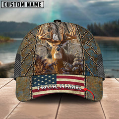 Maxcorners Deer Hunting Cap Rustic Chains Themed American Flag Design Multicolor Options Personalized Name 3D Cap