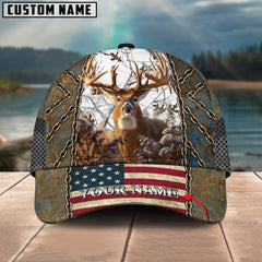 Maxcorners Deer Hunting Cap Rustic Chains Themed American Flag Design Multicolor Options Personalized Name 3D Cap