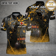 Maxcorners Bowling Black Gold Flame Splash Bowling Ball League Style Multi Options Personalized Name, Team Name Unisex 3D Shirt (4 Colors)