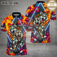Maxcorners Bowling Triple Wolf Fire Strike Neon Fantasy Style Multi Options Personalized Name, Team Name Unisex 3D Shirt (4 Colors)