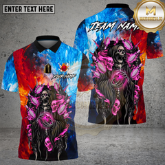 Maxcorners Bowling Ice Fire Grim Reaper Skull Art Multi Options Personalized Name, Team Name Unisex 3D Shirt (4 Colors)
