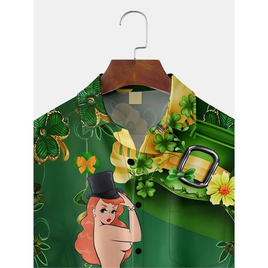 Maxcorners Green St. Patrick'S Day Luck By Alice Meow Hawaiian Golf Shirt, Holiday Hawaiian Shirt, Tropical Vibe Men's Golf Shirt