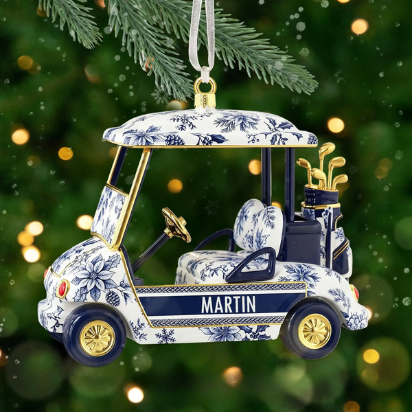 Maxcorners Custom Name Toile de Jouy Mini Golf Cart Christmas Acrylic Ornament, Golf Lover Gift, Christmas Golf Gift