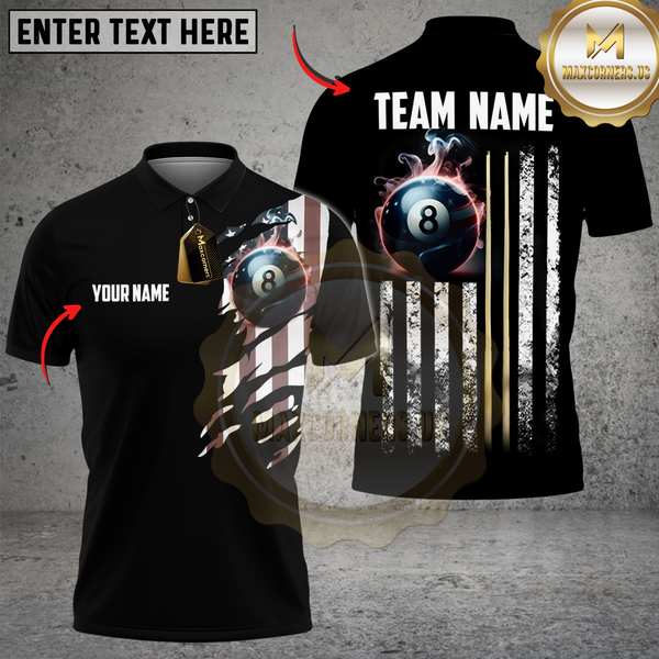 Maxcorners Billiards Ball 8 With USA Flag Stripes Black Personalized Name 3D Unisex Shirt