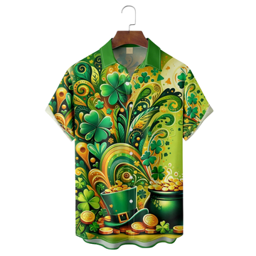 Maxcorners St. Patrick'S Day Pot of Gold Four Leaf Clover Hawaiian Golf Shirt, Tropical Vibe Men's Golf Shirt
