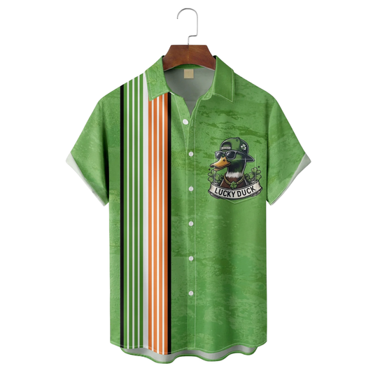 Maxcorners St. Patrick's Day Duck Four-Leaf Clover Lucky Duck Hawaiian Golf Shirt, Tropical Vibe Men's Golf Shirt