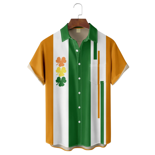 Maxcorners St. Patrick's Day Shamrock Green Orange White Hawaiian Golf Shirt, Tropical Vibe Men's Golf Shirt