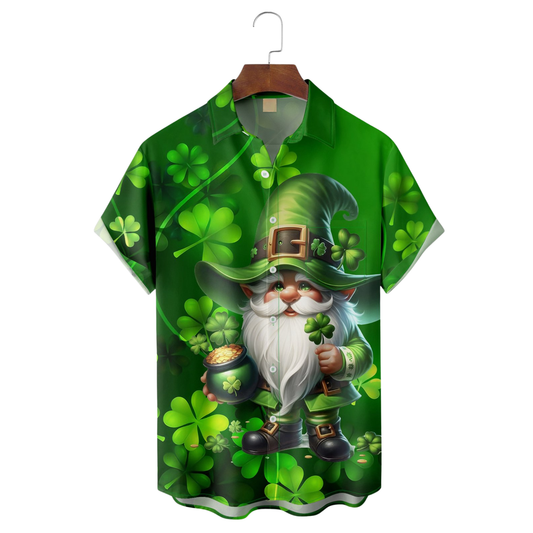 Maxcorners St. Patrick's Day Gnome Shamrock Hawaiian Golf Shirt, Shamrock Golf Shirts, Men's Golf Shirt