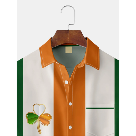 Maxcorners Orange And Green St. Patrick's Day Lucky Clover Hawaiian Golf Shirt, Tropical Vibe Men's Golf Shirt