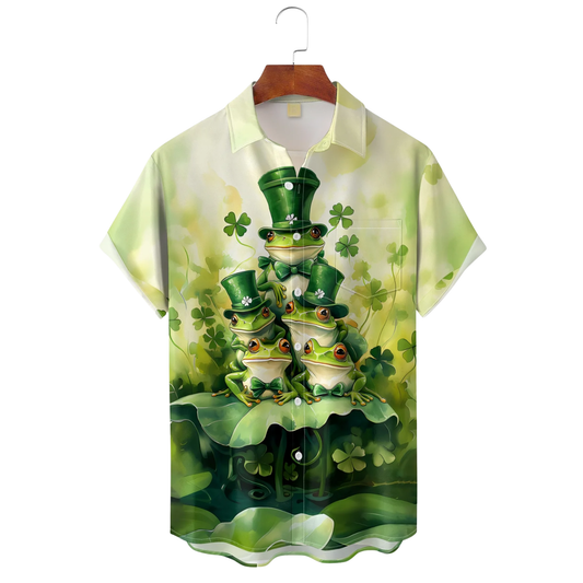 Maxcorners St. Patrick's Day Frog Family Four-Leaf Clover Green Hawaiian Golf Shirt, Tropical Vibe Men's Golf Shirt