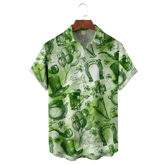 Maxcorners Green St. Patrick's Day Lucky Clover Gold Coins Beer Hawaiian Golf Shirt, Tropical Vibe Men's Golf Shirt