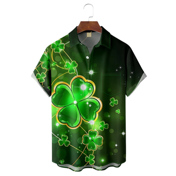 Maxcorners Irish Parade Green St. Patrick's Day Lucky Clover Hawaiian Golf Shirt, St Paddy's Day Tropical Vibe Men's Golf Shirt