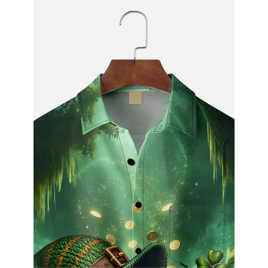 Maxcorners Lucky St. Patrick's Day Gnome Beer And Gold Coin Hawaiian Golf Shirt, Tropical Vibe Men's Golf Shirt
