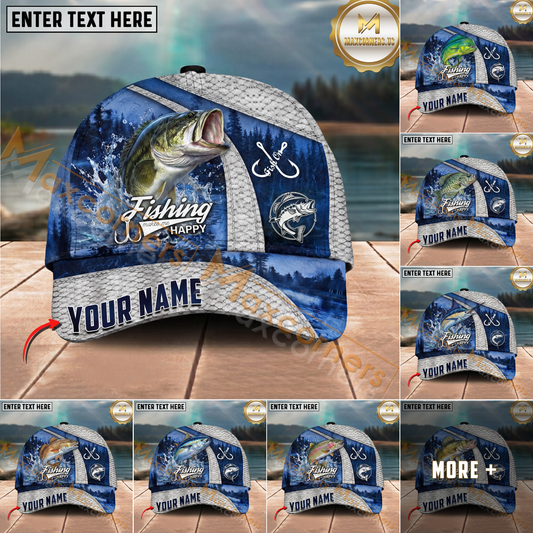 Maxcorners Fishing  Splash Water Fish Scale Lake View Personalized Name 3D Cap (12 Fish Species)