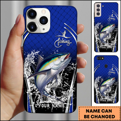 Maxcorners Tuna Fishing Splash Art Blue Background Personalized Name Phone Case