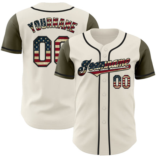 Maxcorners Custom Cream Vintage USA Flag Olive-Black Authentic Two Tone Baseball Jersey LM0609