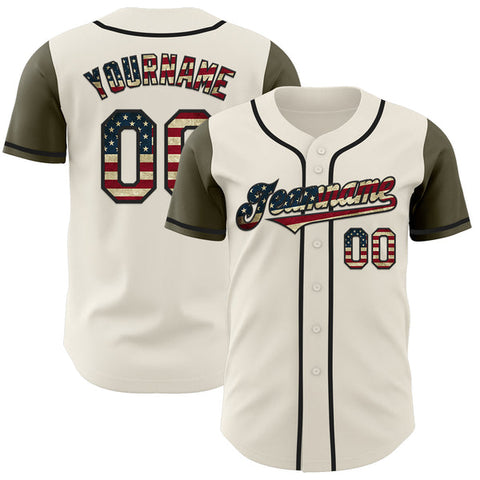 Maxcorners Custom Cream Vintage USA Flag Olive-Black Authentic Two Tone Baseball Jersey
 LM0609