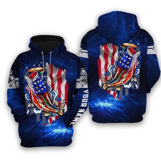 Maxcorners Personalized Bass Fishing 3D American Flag Patriotic Shirts