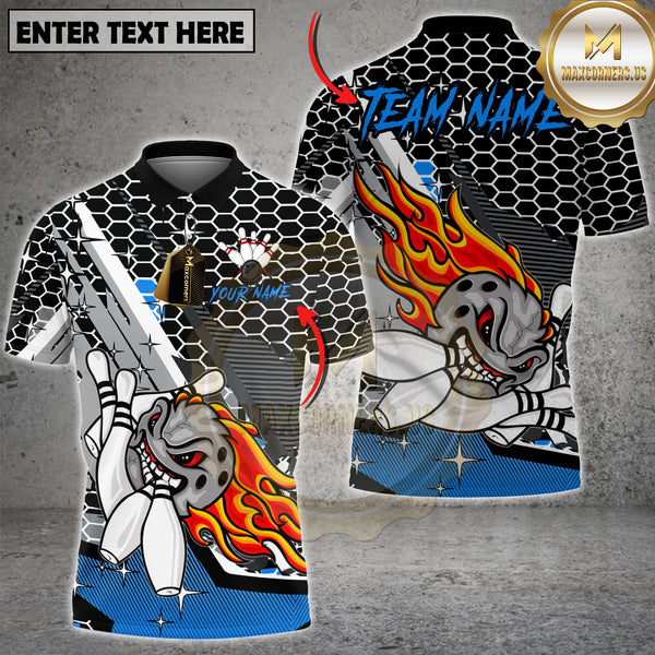 Maxcorners Bowling Shirt Flaming Bowling Ball Honeycomb Pattern Red Black Design Multi Options Personalized Name, Team Name 3D Shirt