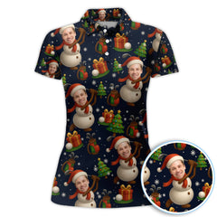 Maxcorners Personalized Face Christmas Polos, Custom Photo Snowman Golf Shirt, Funny Xmas Gift For Golfer
