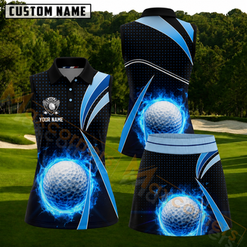 Maxcorners Blue Flame Golf Ball Personalized Name 3D Golf Shirt and Golf Skirt
