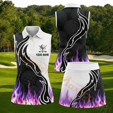 Maxcorners Black White Purple Flame Personalized Name 3D Golf Shirt and Golf Skirt