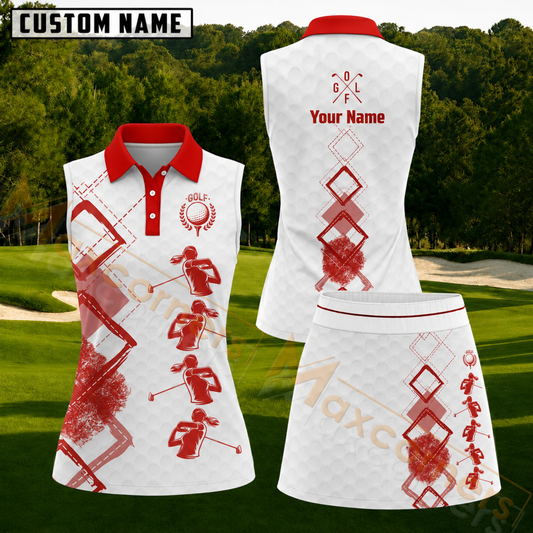 Maxcorners White Red Lady Golfer Personalized Name 3D Golf Shirt and Golf Skirt