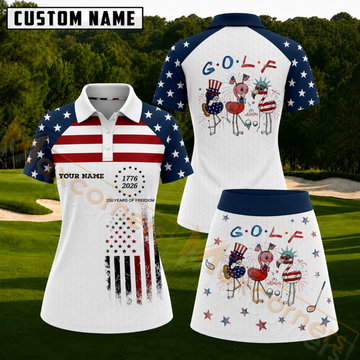 Maxcorners Patriotic Stars and Stripes Flamingo Personalized Name 3D Golf Shirt and Golf Skirt