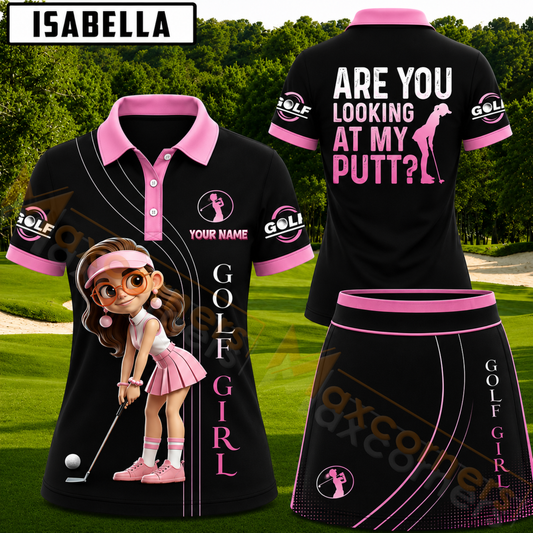 Maxcorners Black Pink Are You Looking At My Putt Personalized Name 3D Golf Shirt and Skirt
