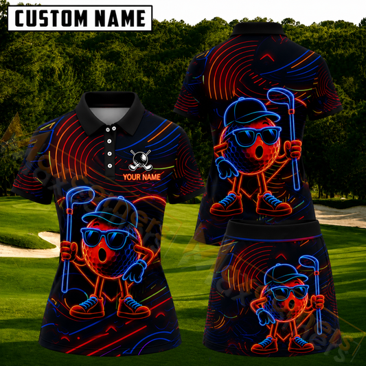 Maxcorners Retro Neon Glowing Golf Ball Personalized Name 3D Golf Shirt and Skirt